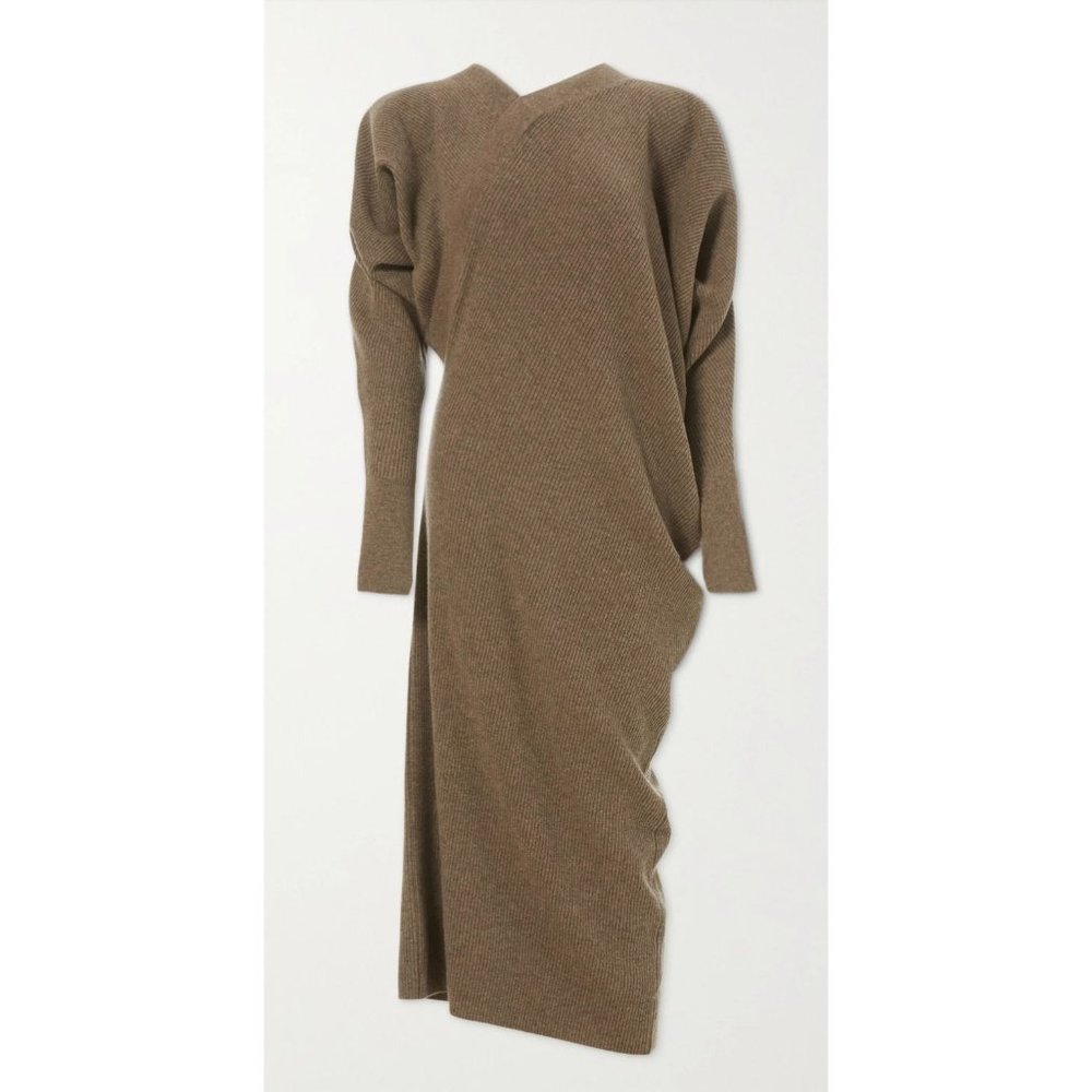 LVIR Unbalance Ribbed Knit Wool Cashmere V-Neck Midi Dress Women's Size Medium - Picture 5 of 15
